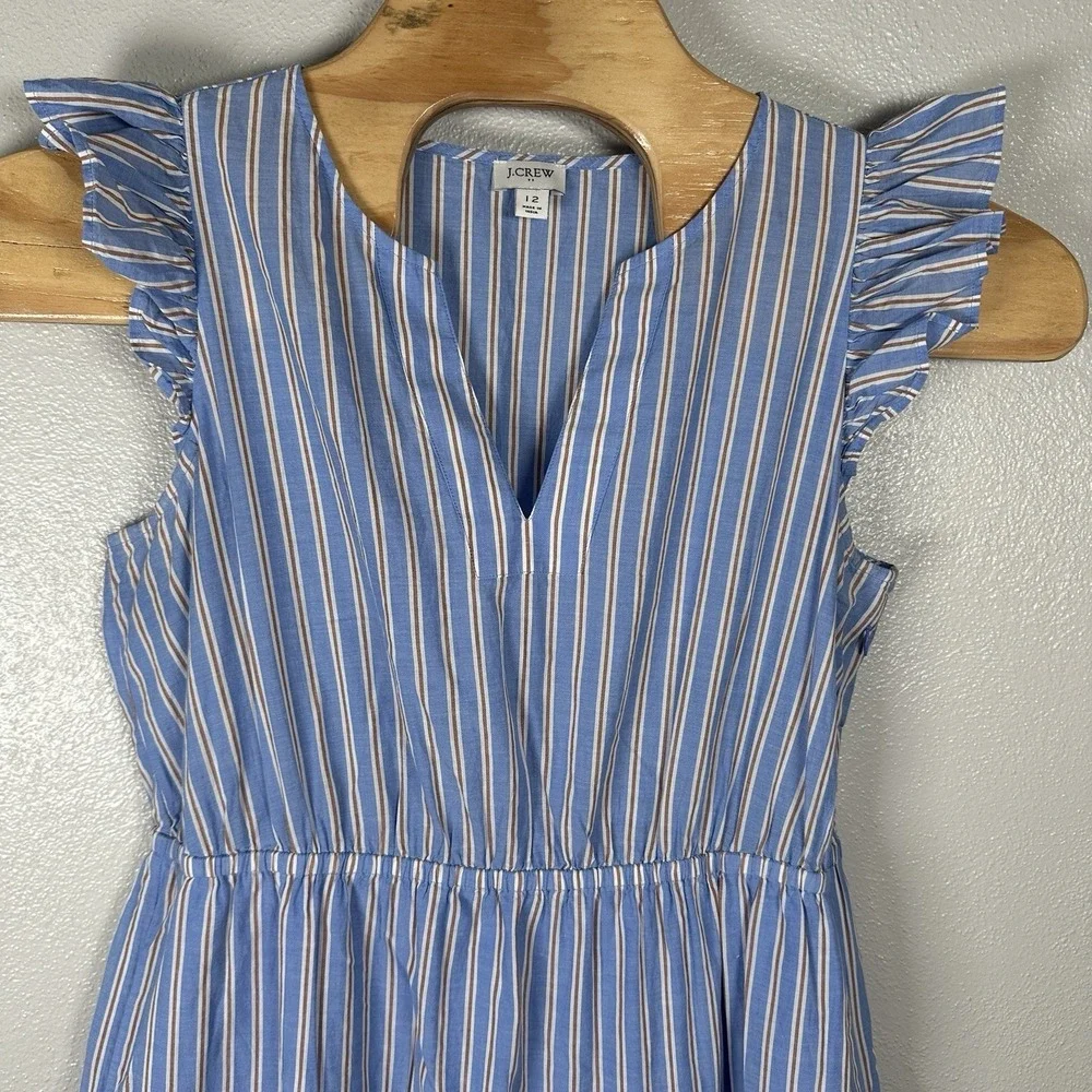 J Crew Ruffle-Sleeve Tiered Midi Dress Size 12 Blue Beige Striped Cotton Pockets - Picture 2 of 9